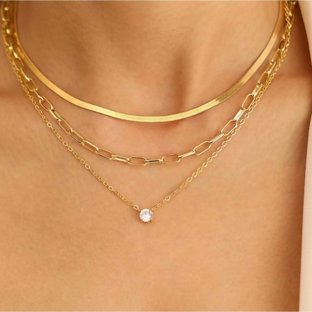 GOLD 14k Plated 3pc CZ Diamond Necklace Set